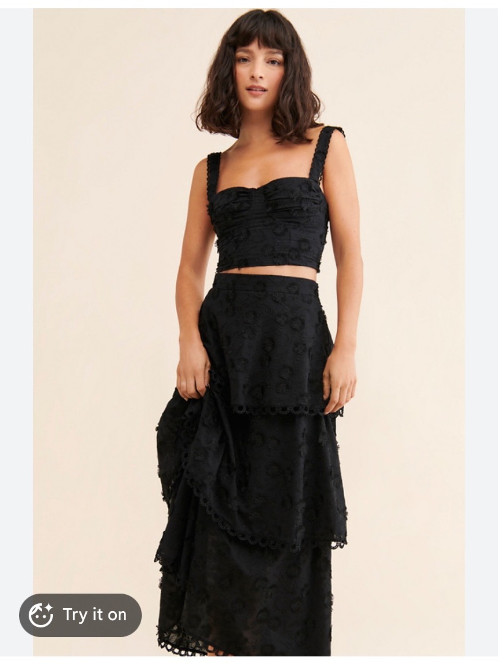 Anthropologie Farm Rio 3D Set Black Tiered Floral Skirt & Corset Top Textured M